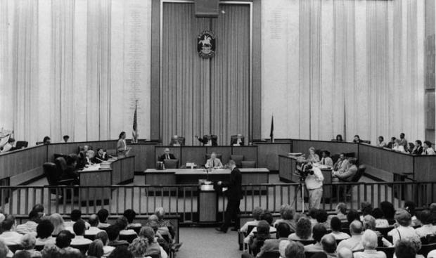 Black and white photo of Council Chambers from 1986.
