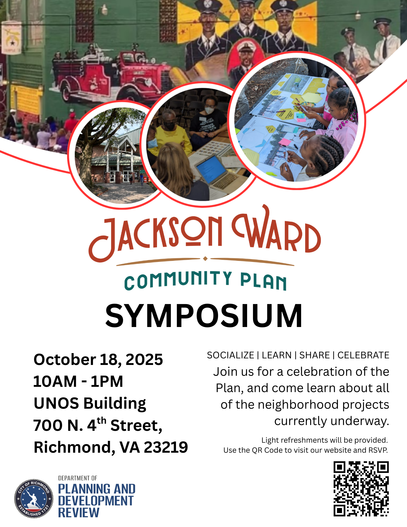 Promotional Flyer for the Jackson Ward Community Plan Symposium, October 18, 2025 from 10AM to 1PM at the UNOS Building at 700 North 4th Street, Richmond Virginia.