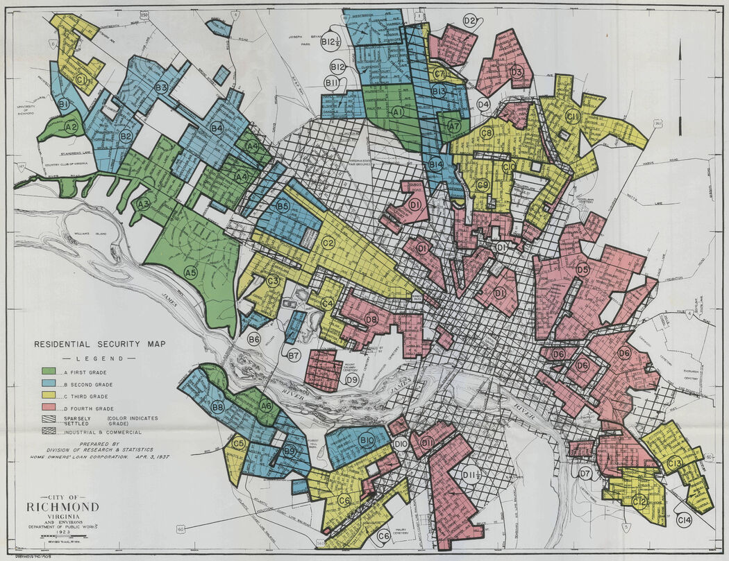 this image shows an old map of the City of Richmond with neighborhoods color coded, including areas marked red, blue, green, and yellow. 