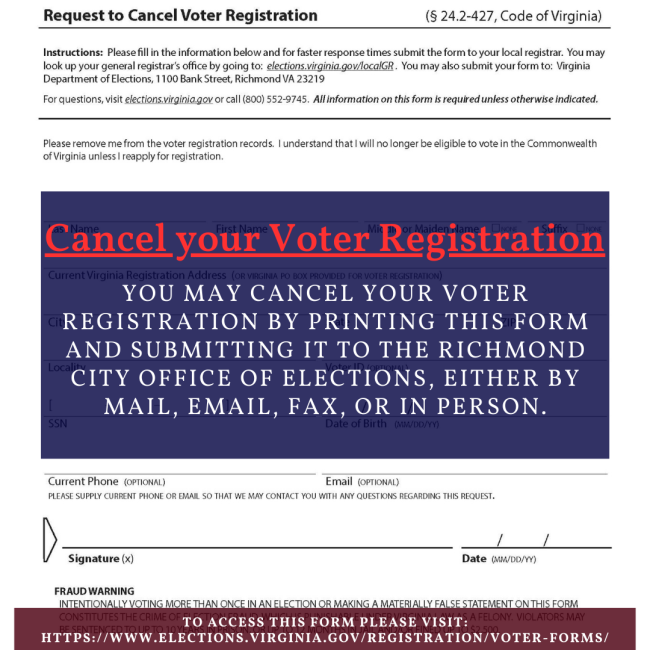 image with text about Cancel Voter Registration call for assistance in reading