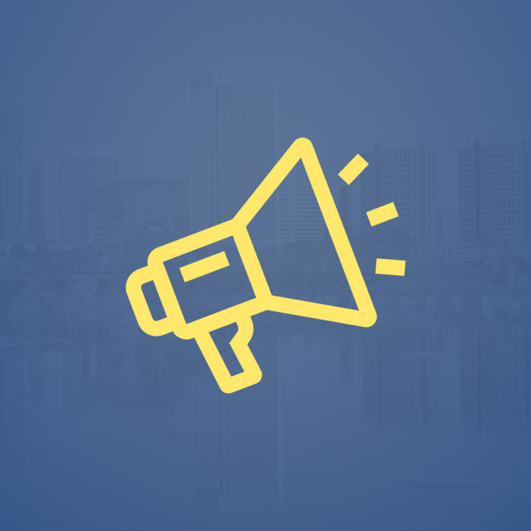 a blue square with a yellow megaphone