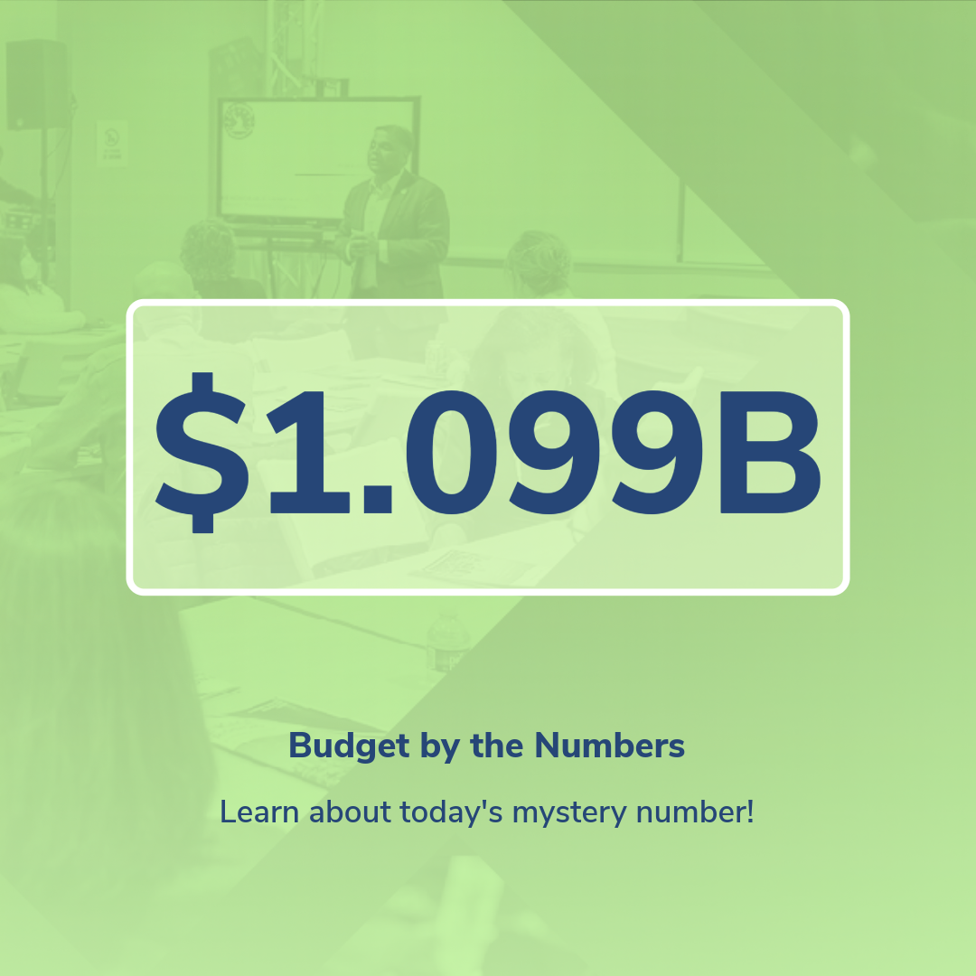 the number 1.099 billion dollars on a green background and the subheader Budget by the Numbers