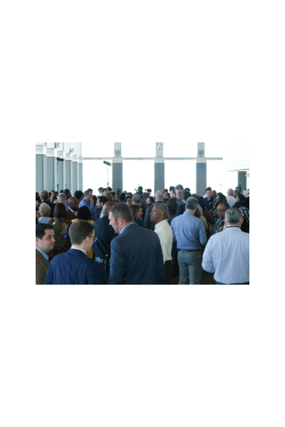 A large group of City staff gathered on the Observation Deck