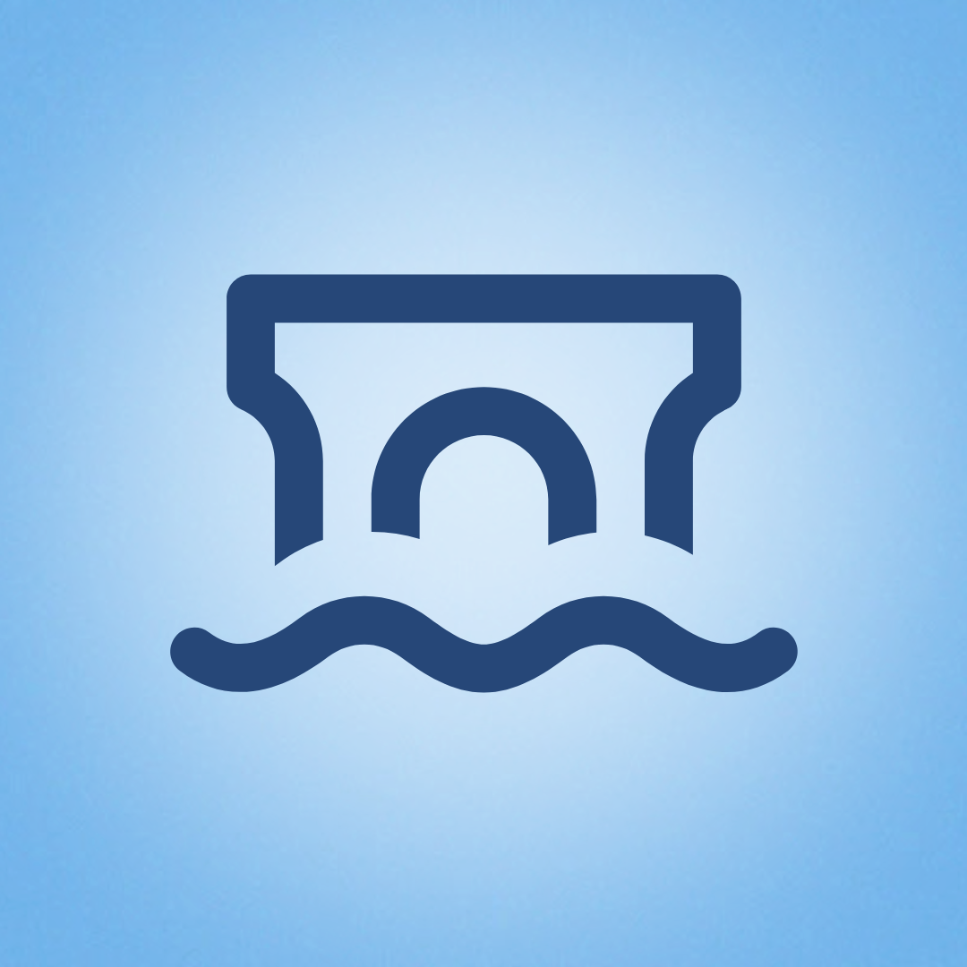 A blue square with an icon of the river and a bridge