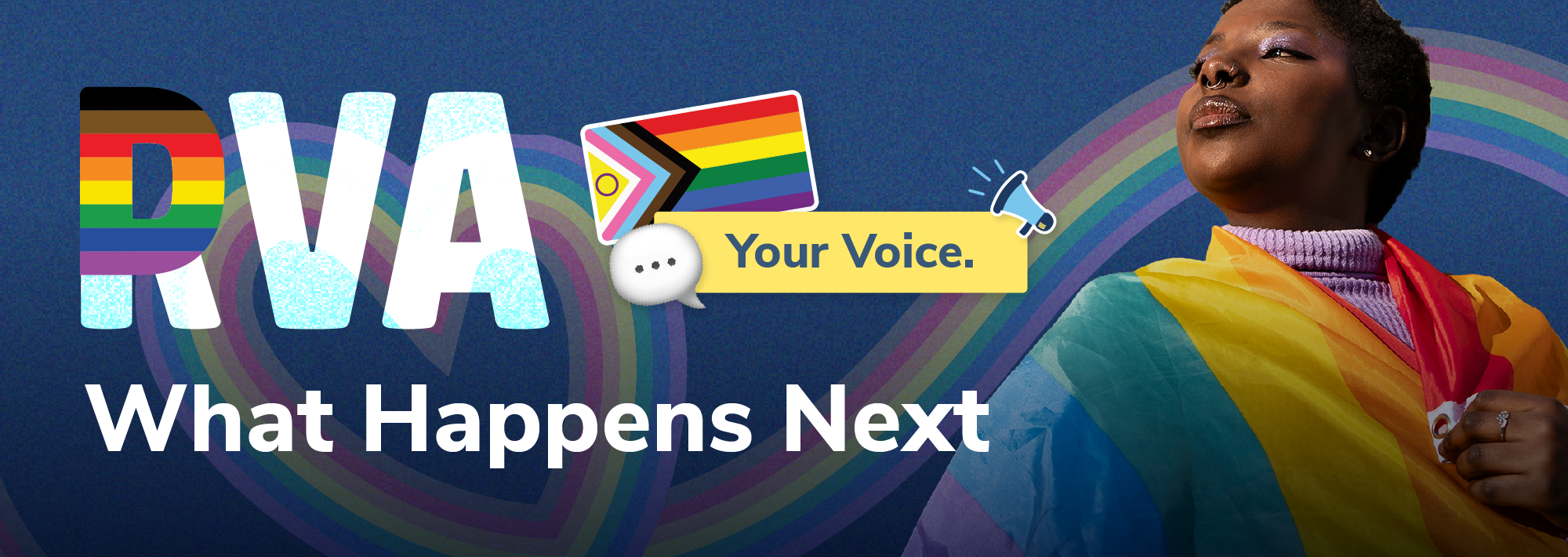 banner:%20%E2%80%9CRVA%E2%80%9D%20with%20progress%20Pride%20flag;%20text%20%E2%80%9CYour%20Voice.%20What%20Happens%20Next%E2%80%9D;%20person%20draped%20in%20rainbow%20colors.