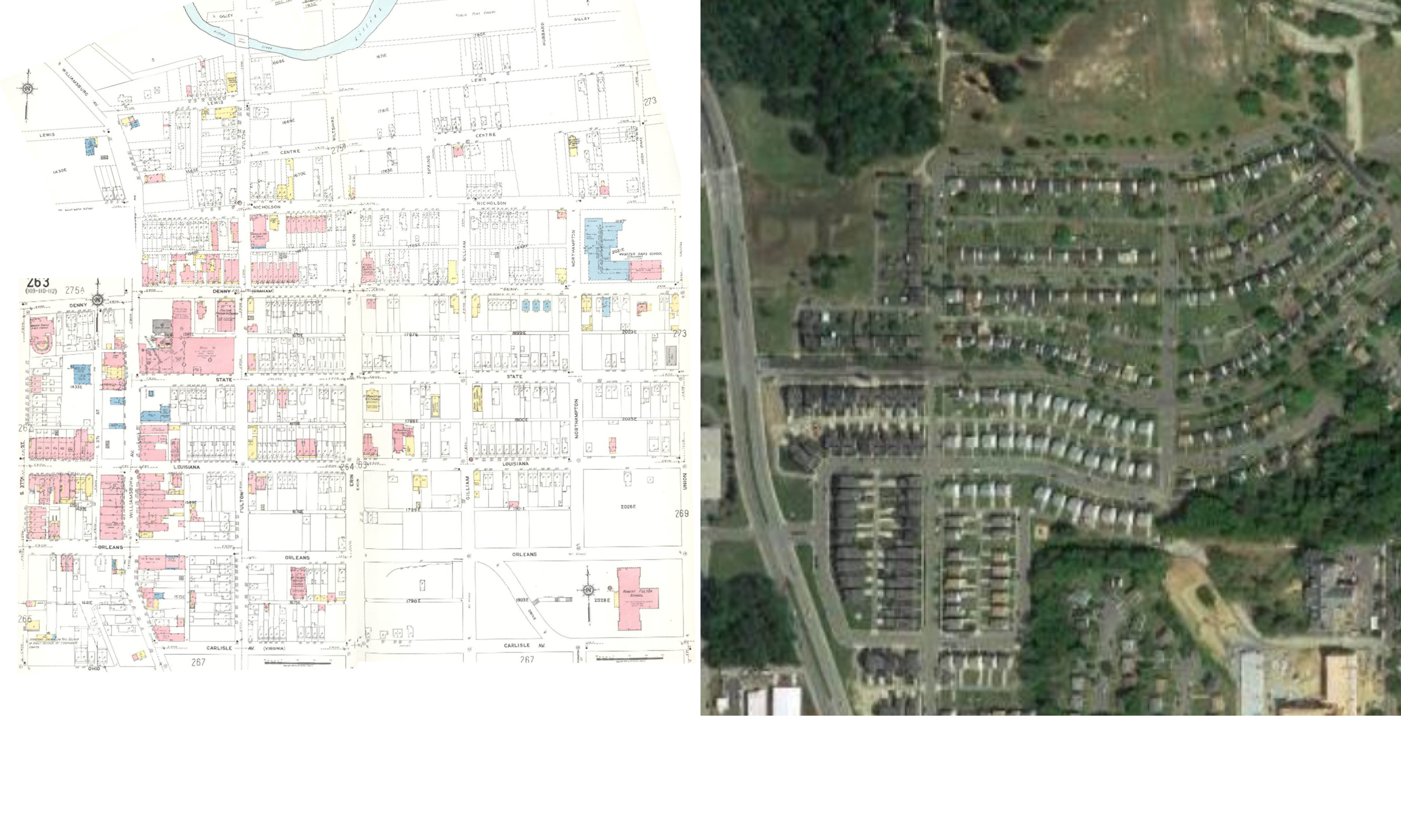This image compares a historic site plan map with a much denser housing layout than the aerial photo next to it which shows a more suburban style land use pattern
