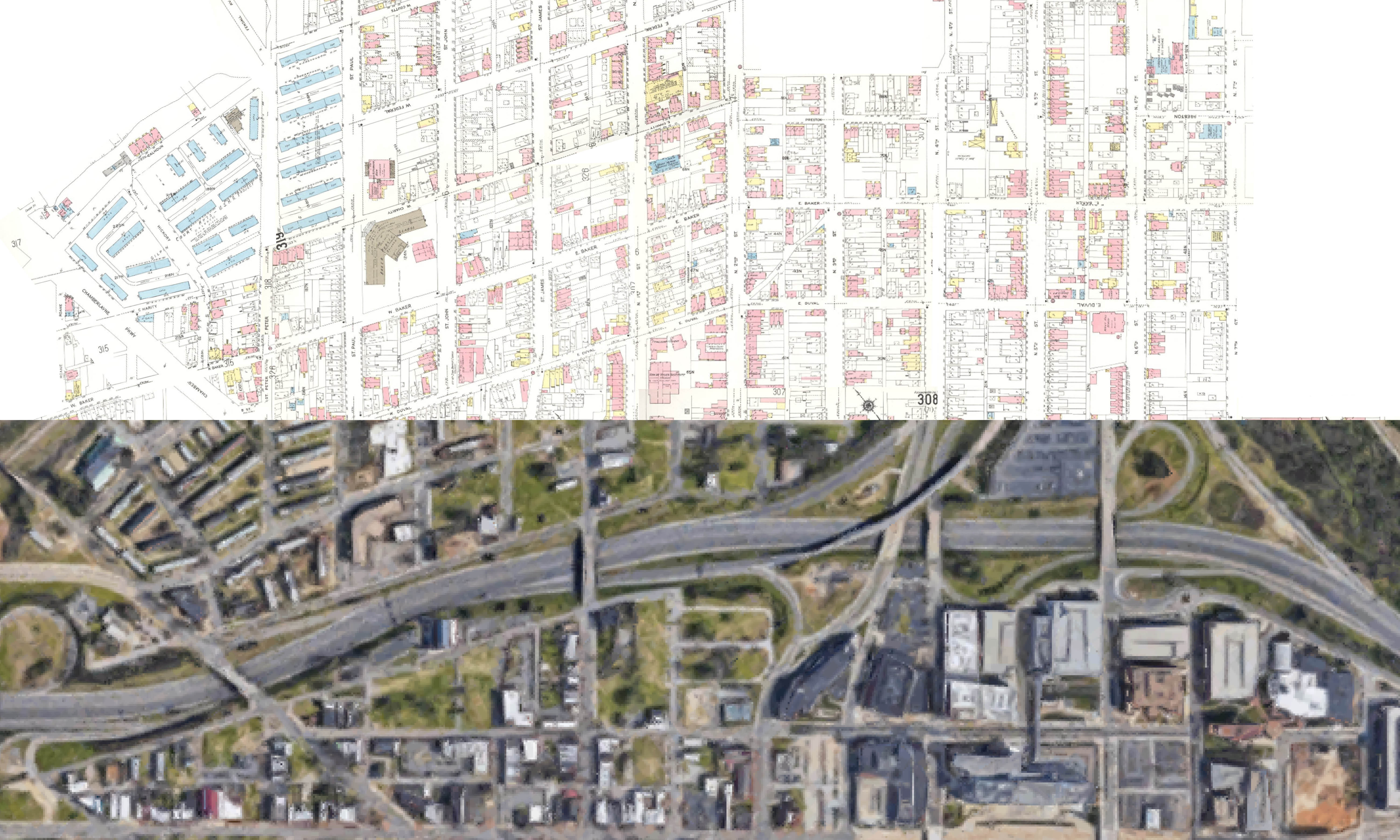 this image compares a land use map from before i95 was constructed showing a connected neighborhood, compare with an aerial of how the interstate now currently dissects that community. 