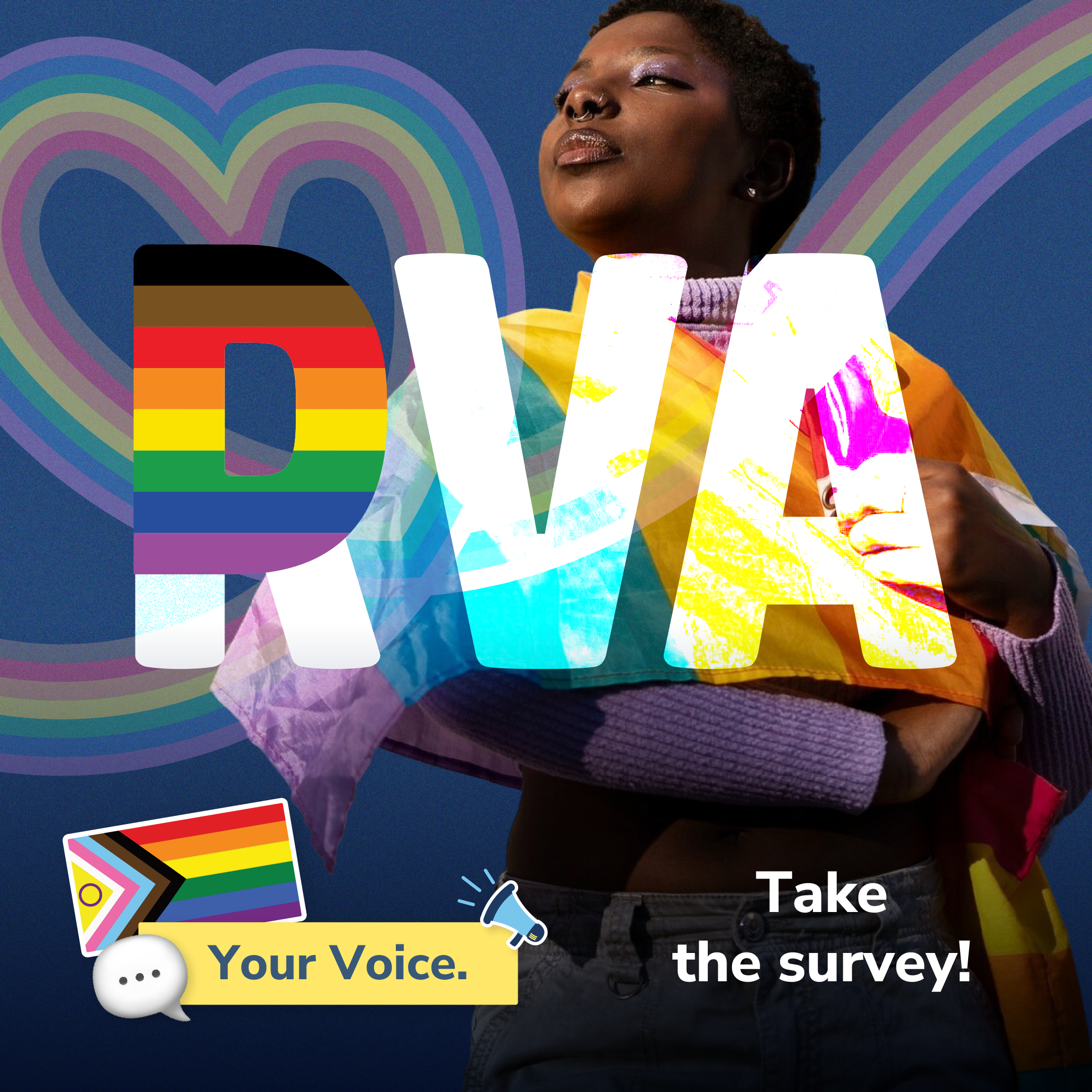 Young Black woman staring off to left behind graphics saying RVA and Take the survey!