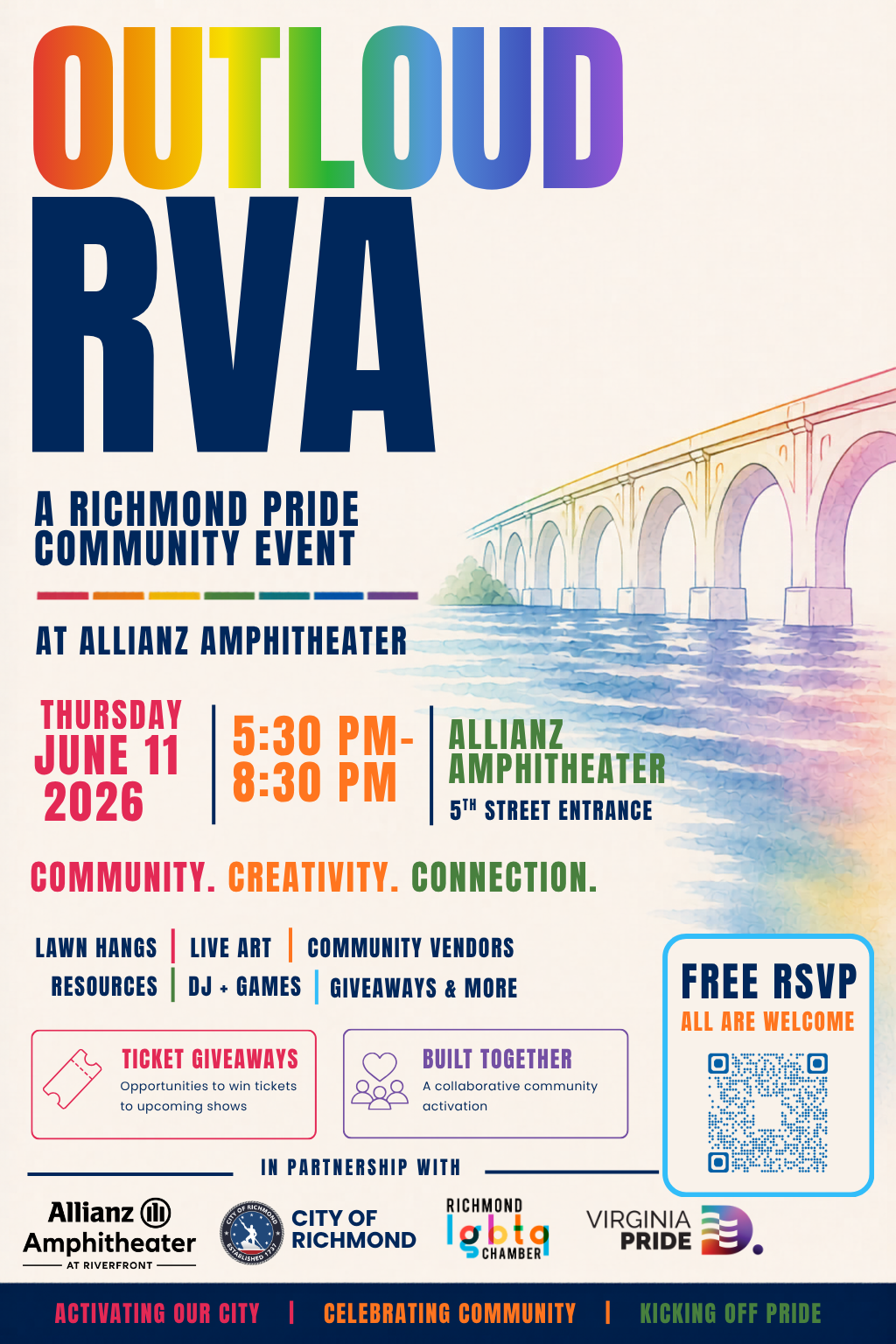 Colorful event flyer for "OutLoud RVA," a Richmond Pride Community Event at Allianz Amphitheater. Thursday, June 11, 2026, 5:30–8:30 PM, 5th Street Entrance. Free event featuring lawn hangs, live art, community vendors, resources, DJ, games, and giveaways. Partners include Allianz Amphitheater, City of Richmond, Richmond LGBTQ Chamber, and Virginia Pride. A rainbow-colored bridge illustration is featured in the background.