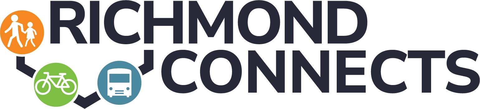 This image contains the words "Richmond Connects" in bold blue font with small icons in a half-hexagonal design around the letter R. The icons are a bike, walk, and transit symbols. 