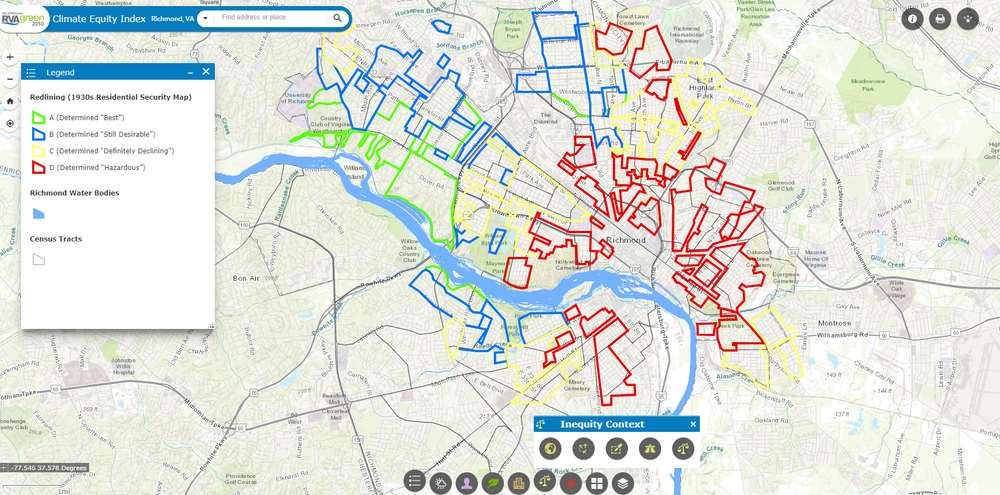 A screenshot of the Climate Equity Index showing formerly redlined neighborhoods overlaid on a current map of Richmond.