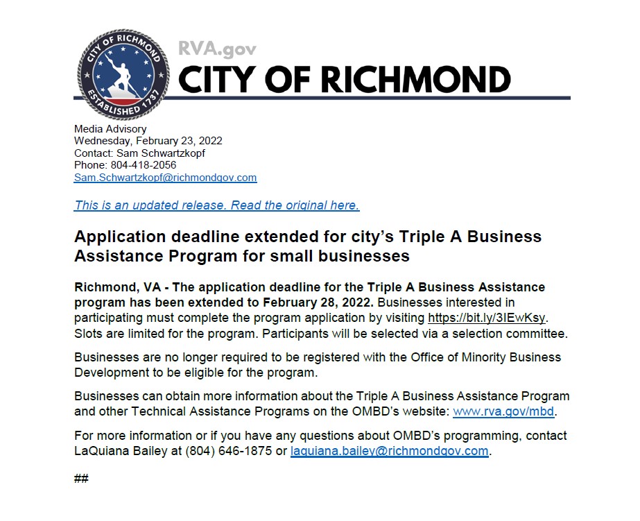 Triple A Business Assistance Program Extended Press Release