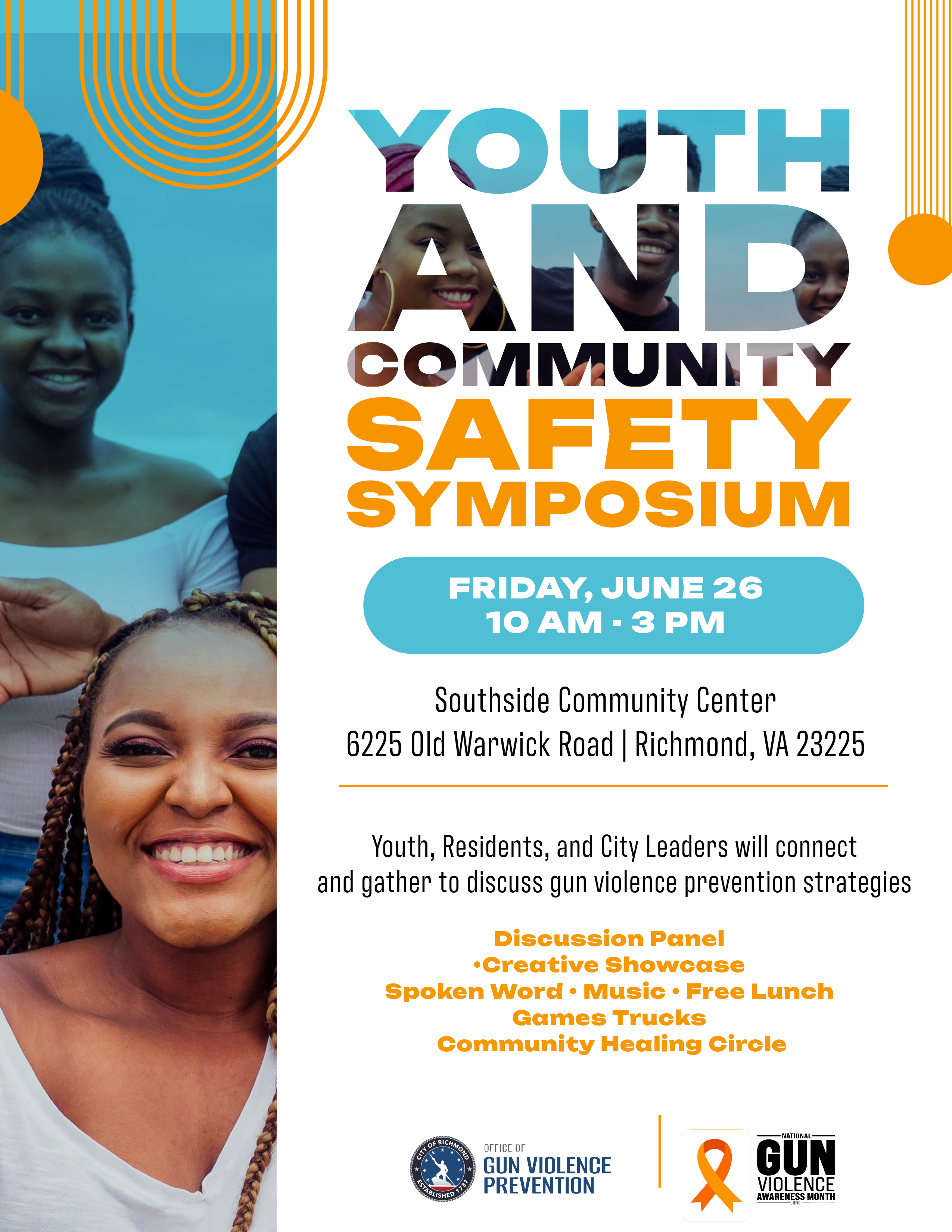 "Flyer for a Youth and Community Safety Symposium featuring colorful graphics and event details. The event is on Friday, June 26 from 10 AM to 3 PM at Southside Community Center in Richmond, Virginia. The flyer lists activities including a discussion panel, creative showcase, spoken word, music, free lunch, game trucks, and a community healing circle, with logos for the Office of Gun Violence Prevention and National Gun Violence Awareness Month."