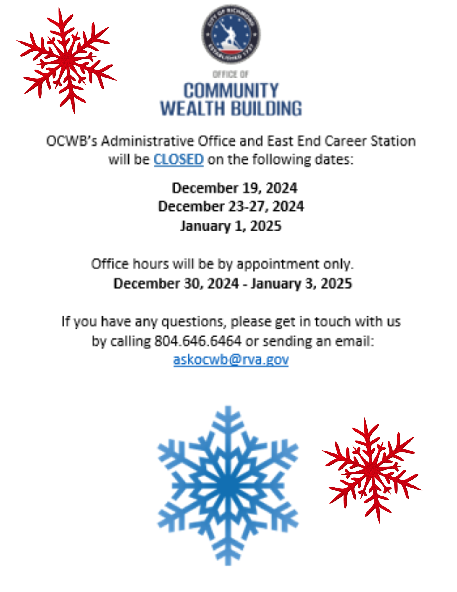 OCWB Office Holiday Hours
