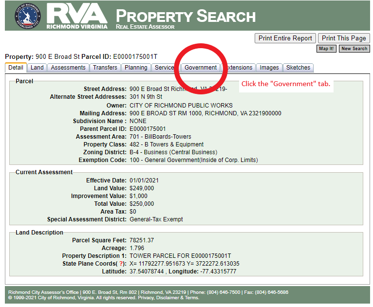 image of the real estate assessor's property search tool, displaying information about city hall. 