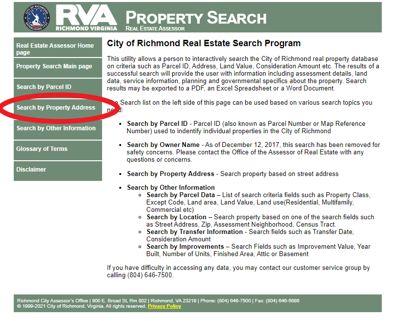 image of the real estate assessor's property search tool, with the words search by property address circled in red.