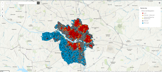 Water Service Line Map with icons to represent unknown or identified lead pipes in the area.  