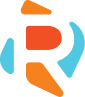 An R is formed by two light blue shapes, two tangerine shapes, and a orange red shape in the middle