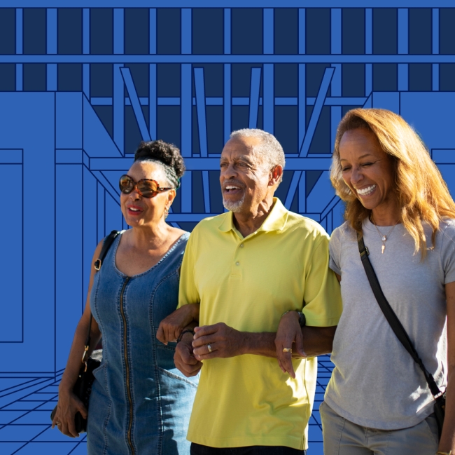 People standing in line in front of a graphic abstraction of City Hall