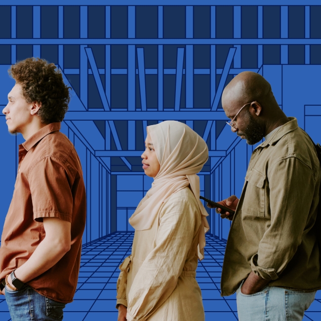 People standing in line in front of a graphic abstraction of City Hall