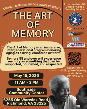 Event flyer for "The Art of Memory," a senior program on May 15, 2026, 11 AM–3 PM at Southside Community Center, Richmond, VA. Register at bit.ly/ArtofMemory or 804-646-2779.
